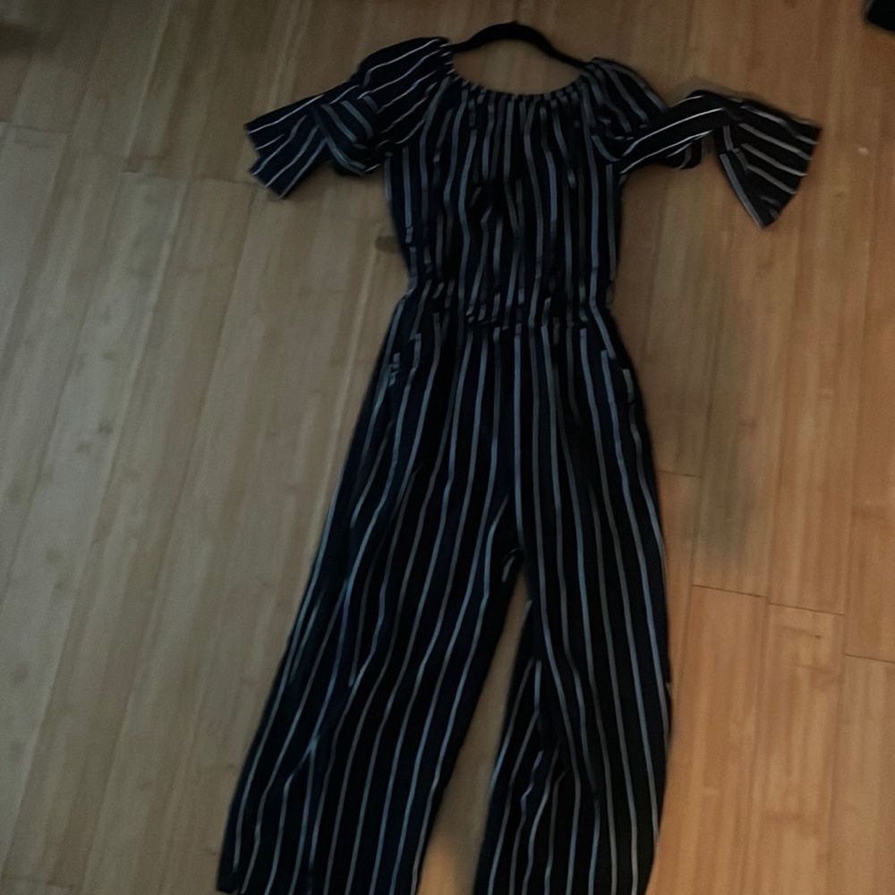 Navy and white striped jumpsuit